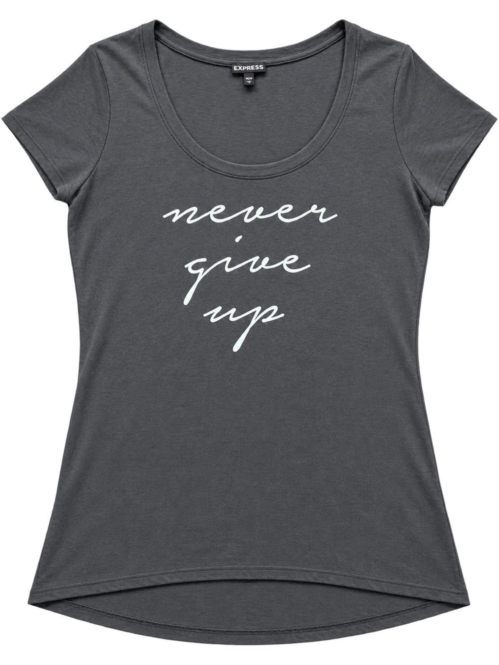 Express Charcoal Scoop Neck Tee with "Never Give Up" Script